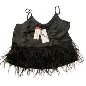 Black Tiered Feather Cami Tank Top Size L Whimsy Goth WhimsiGothic